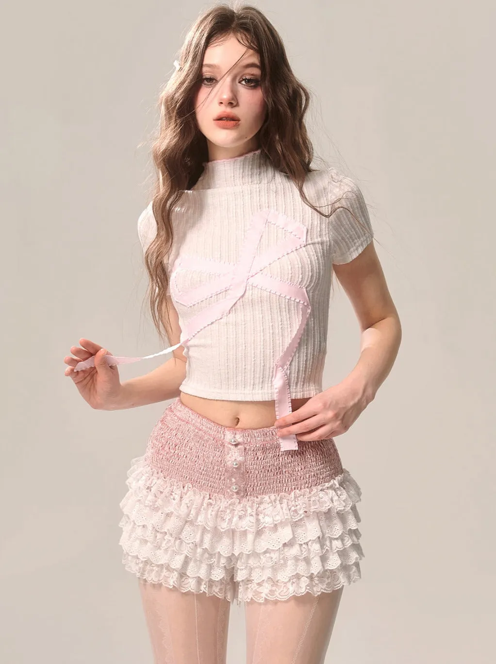 Cake Pink Style Lace A-Line Skirt Shorts White Part