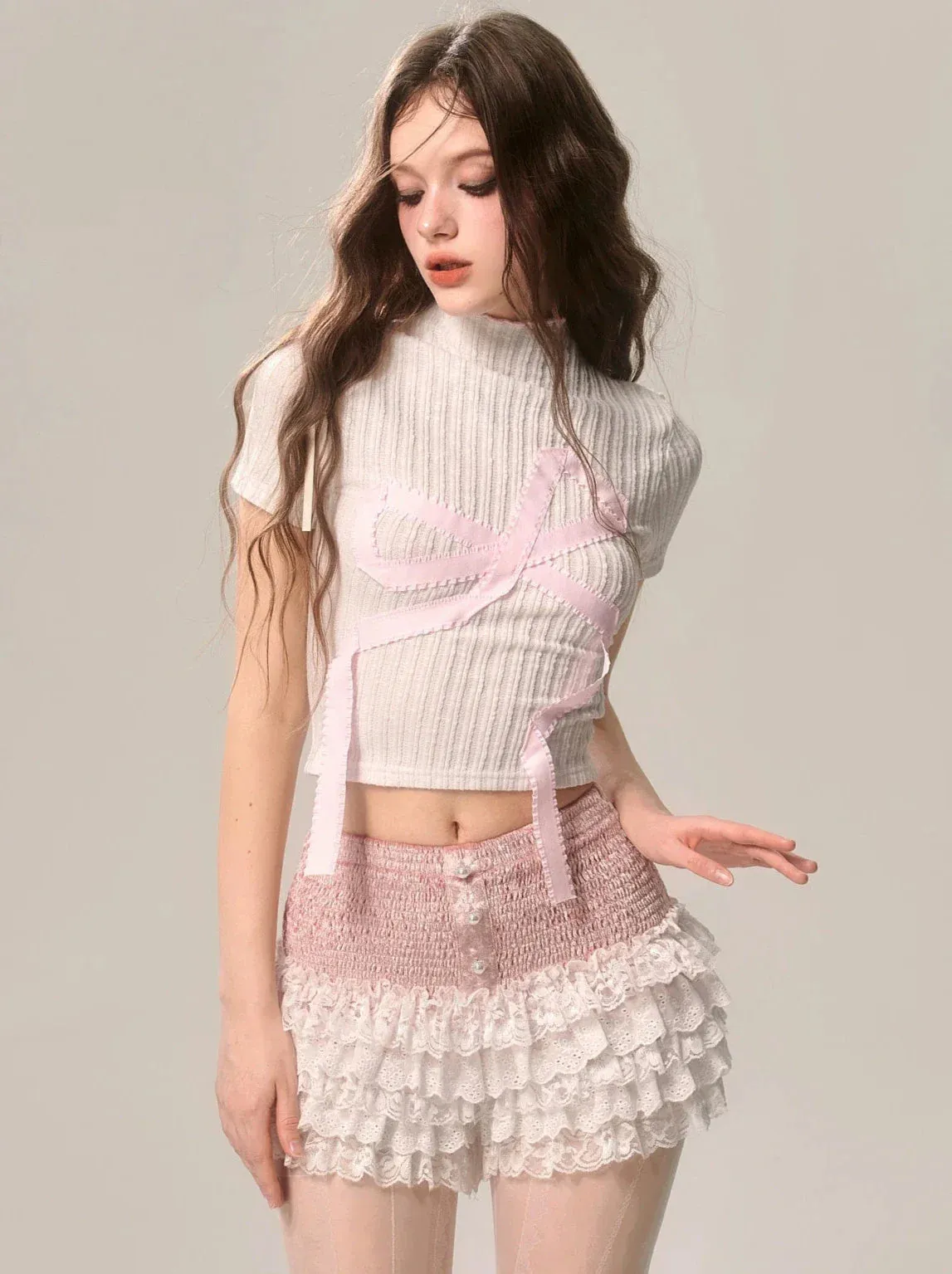 Cake Pink Style Lace A-Line Skirt Shorts White Part
