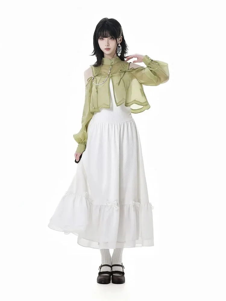 Cheongsam Style Green Semi-sheer Cutout Shoulder Ruched Design Neckline Top