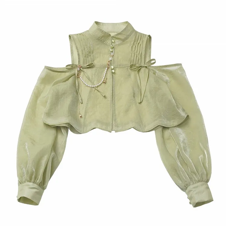Cheongsam Style Green Semi-sheer Cutout Shoulder Ruched Design Neckline Top