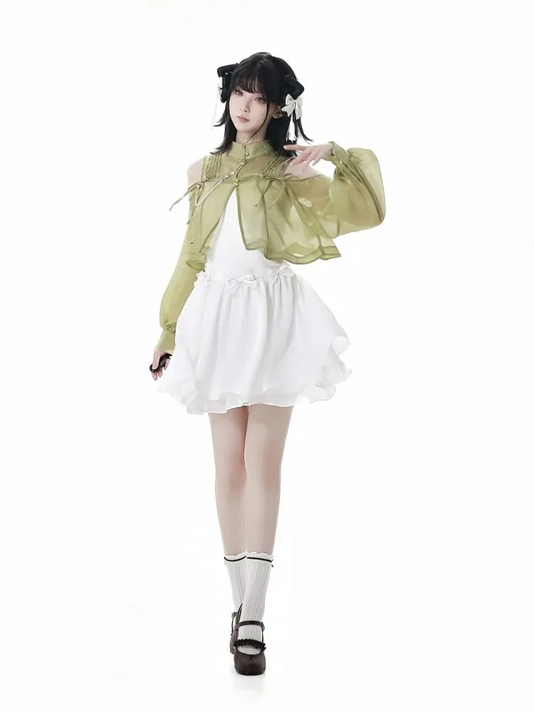 Cheongsam Style Green Semi-sheer Cutout Shoulder Ruched Design Neckline Top