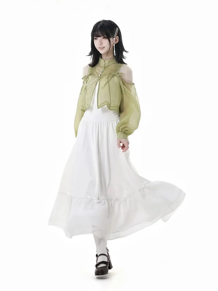 Cheongsam Style Green Semi-sheer Cutout Shoulder Ruched Design Neckline Top