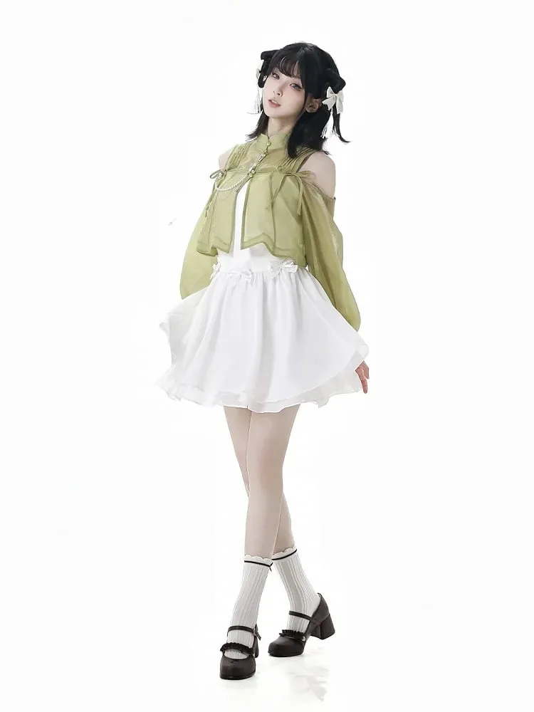 Cheongsam Style Green Semi-sheer Cutout Shoulder Ruched Design Neckline Top