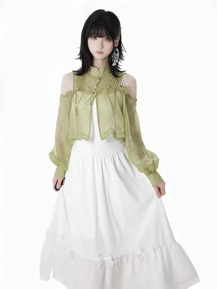 Cheongsam Style Green Semi-sheer Cutout Shoulder Ruched Design Neckline Top