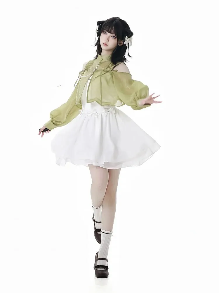 Cheongsam Style Green Semi-sheer Cutout Shoulder Ruched Design Neckline Top