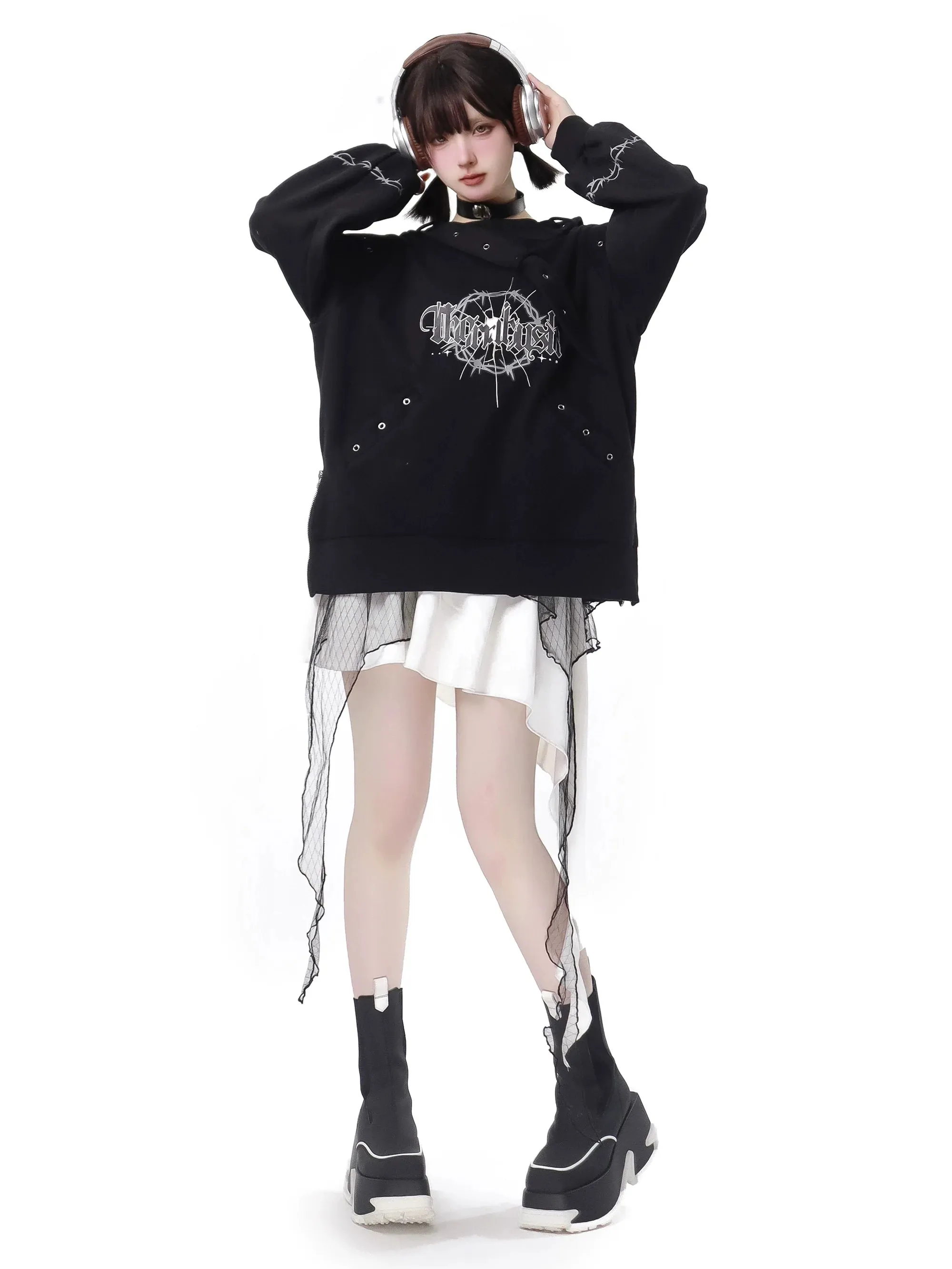 Dark Soon Print Design Sweat Suit Eyelet Trainer   Lace Elegula Skirt