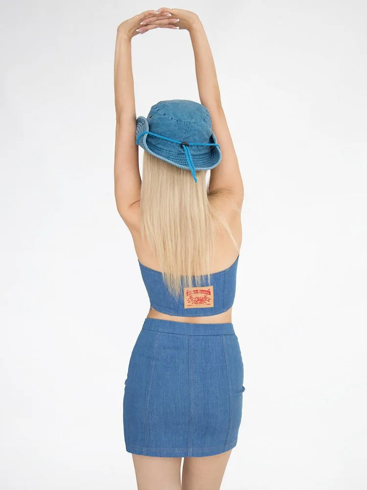 Denim Blue Curved Hem Backless Glamorous Cheongsam Sleeves Top