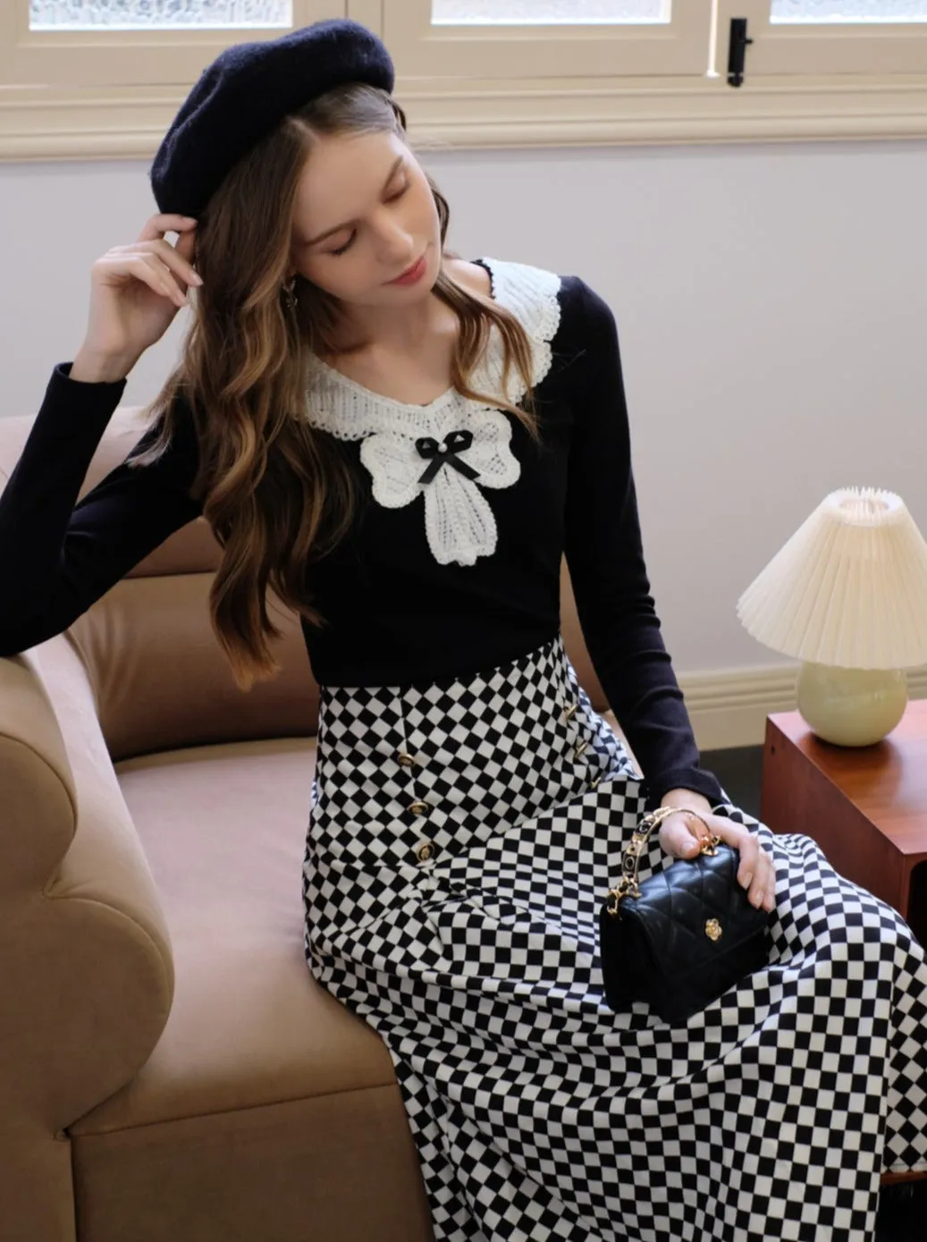 Design Lace Diamond Ribbon   Top Check Skirt