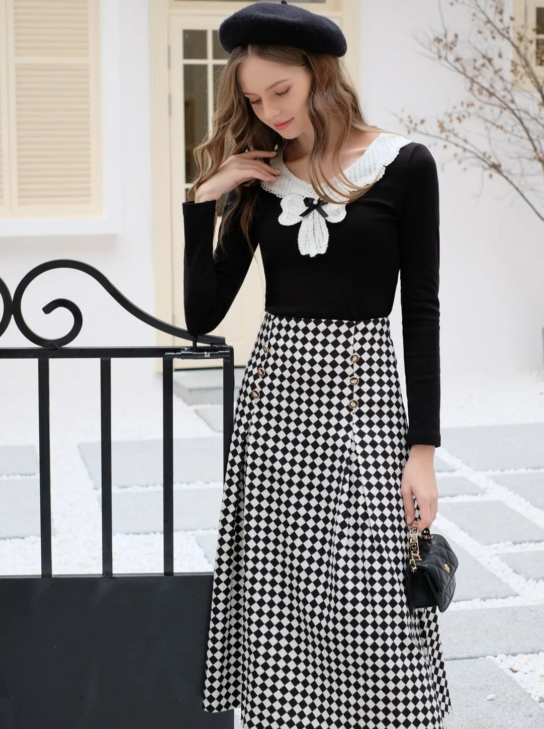 Design Lace Diamond Ribbon   Top Check Skirt