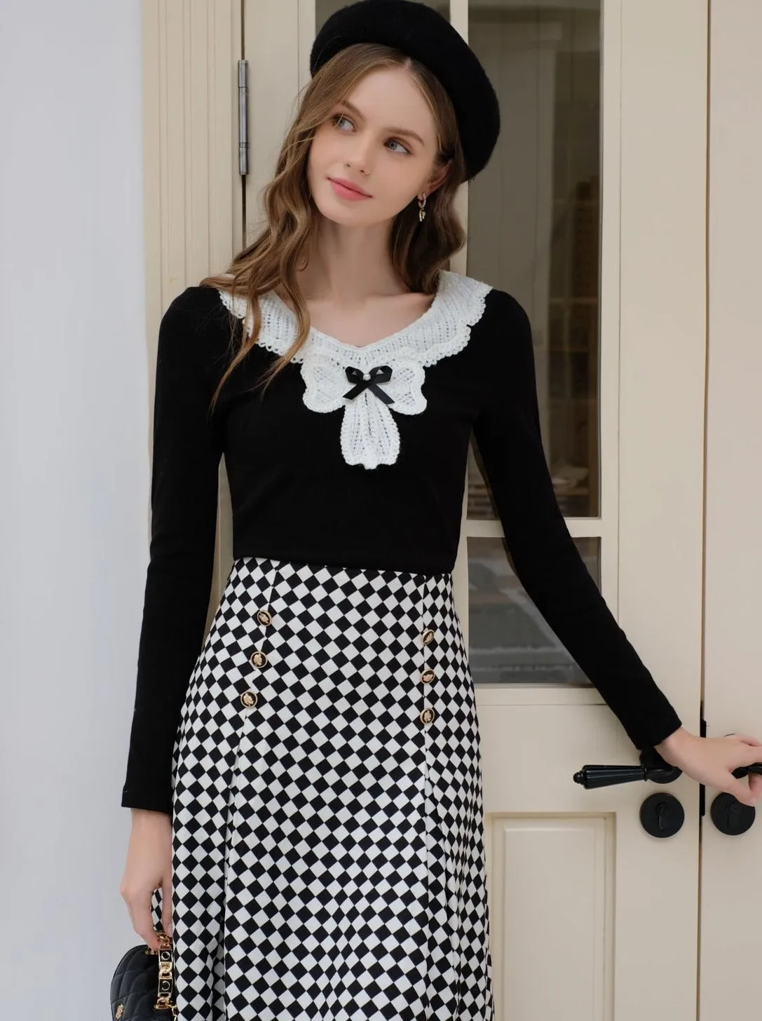 Design Lace Diamond Ribbon   Top Check Skirt
