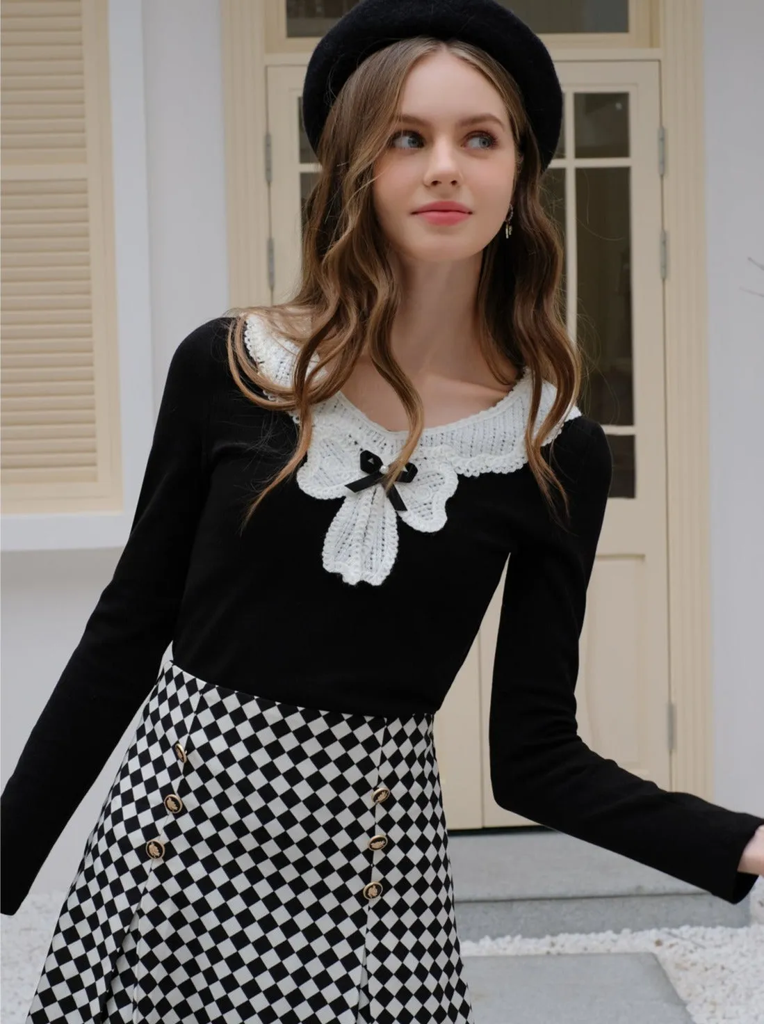 Design Lace Diamond Ribbon   Top Check Skirt