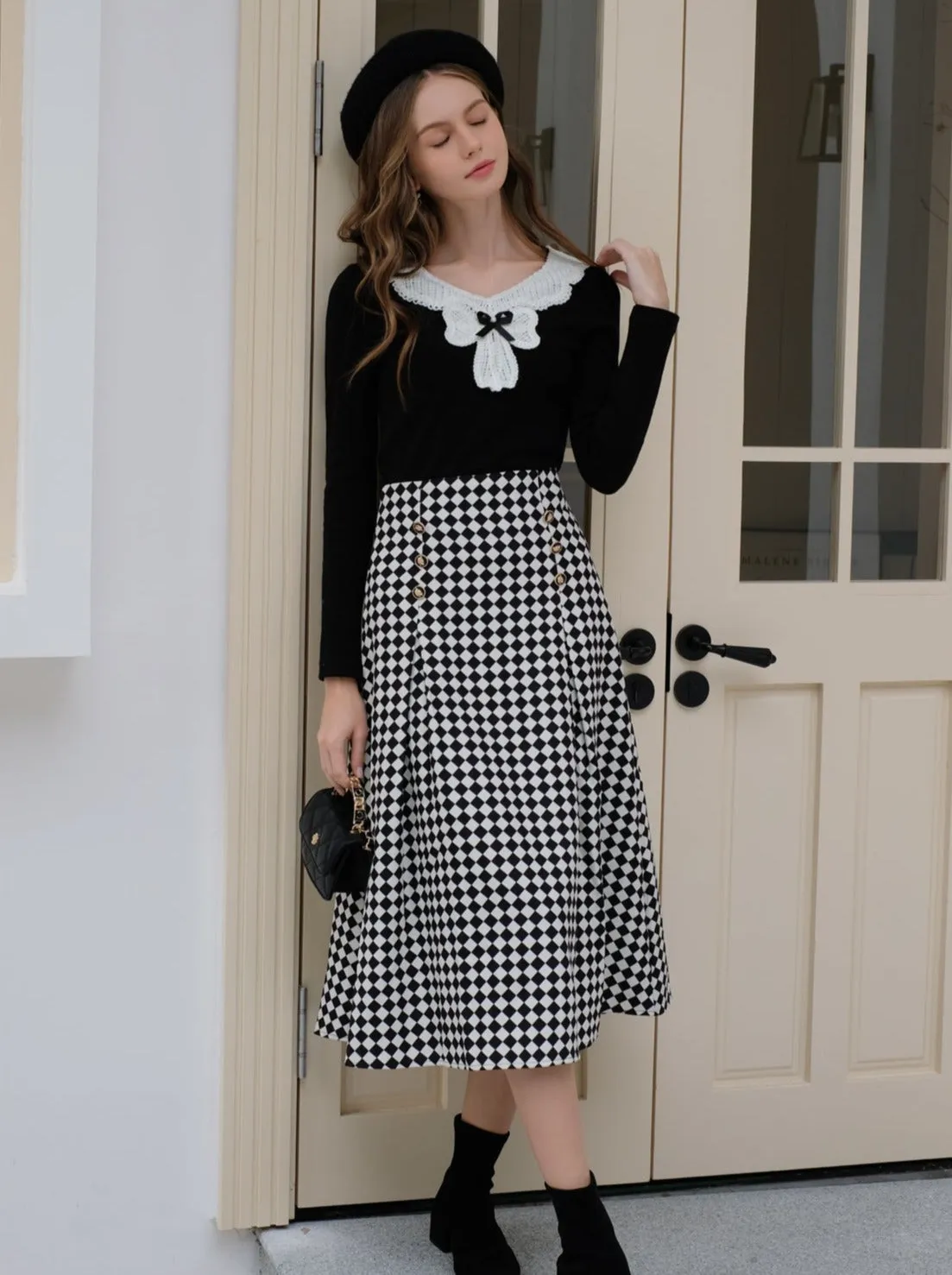 Design Lace Diamond Ribbon   Top Check Skirt