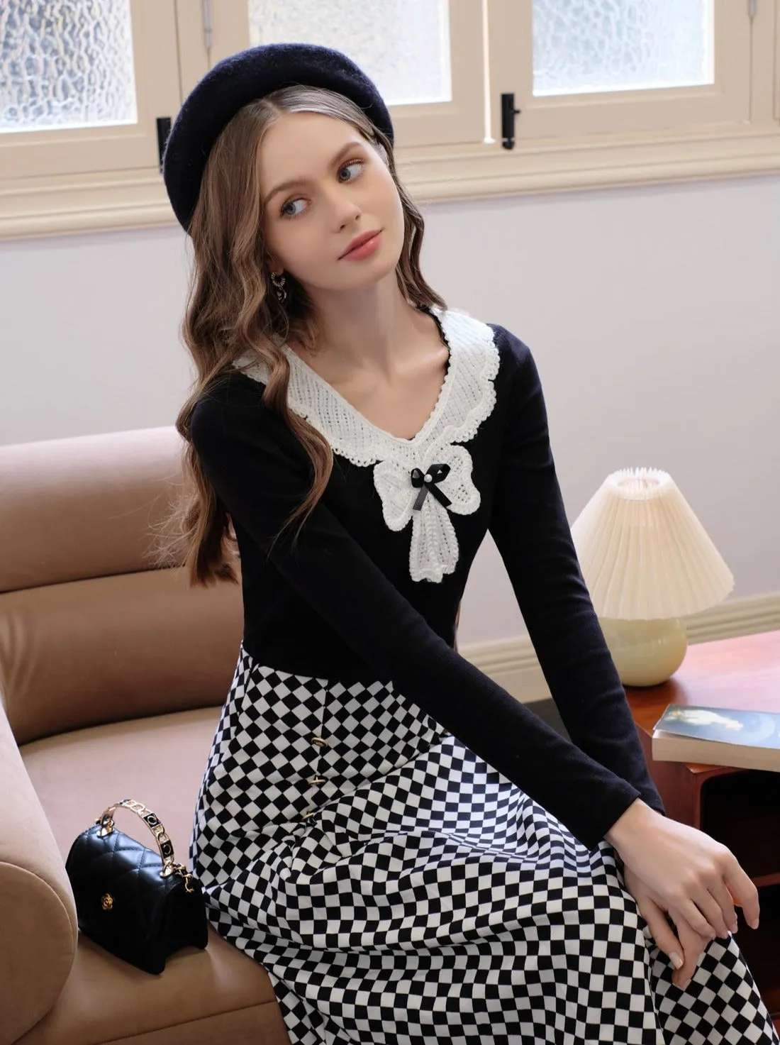 Design Lace Diamond Ribbon   Top Check Skirt