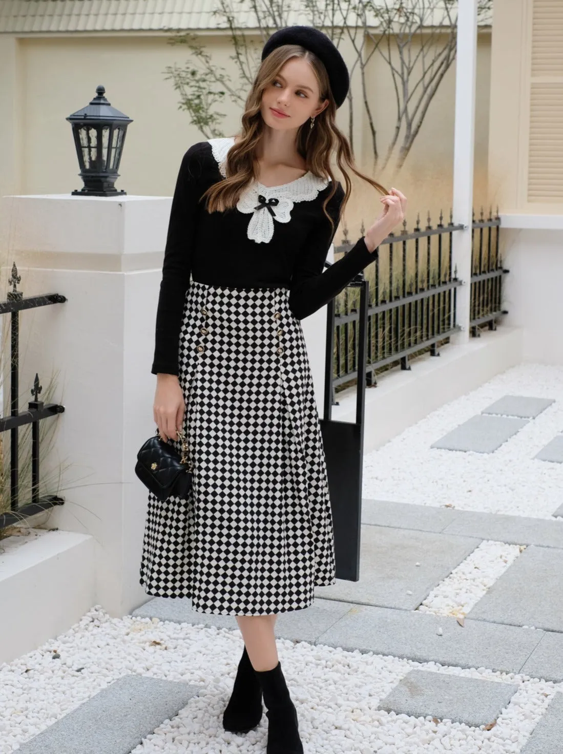Design Lace Diamond Ribbon   Top Check Skirt