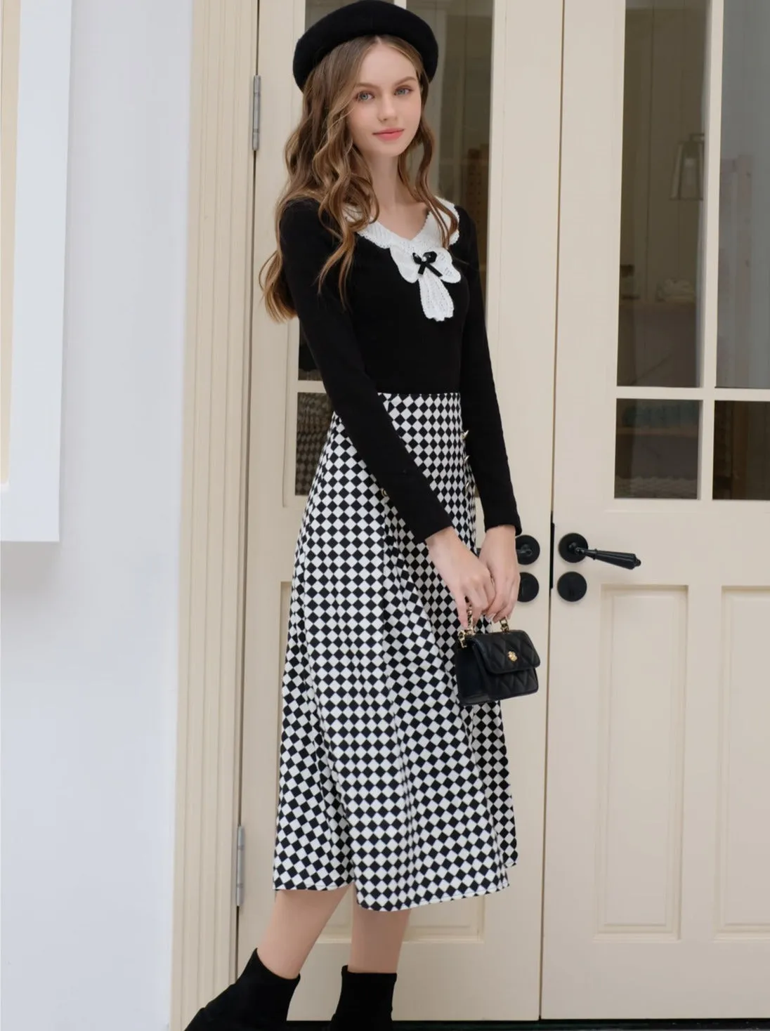 Design Lace Diamond Ribbon   Top Check Skirt