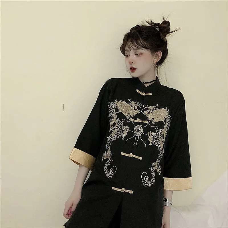 Dragon Embroidered Stand Collar Cheongsam Shirt