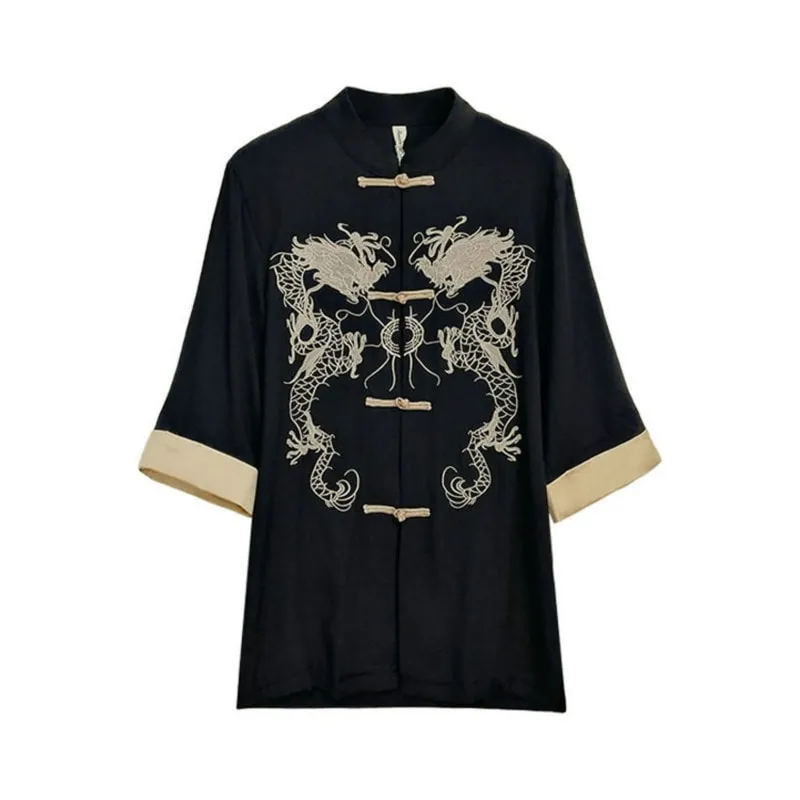 Dragon Embroidered Stand Collar Cheongsam Shirt