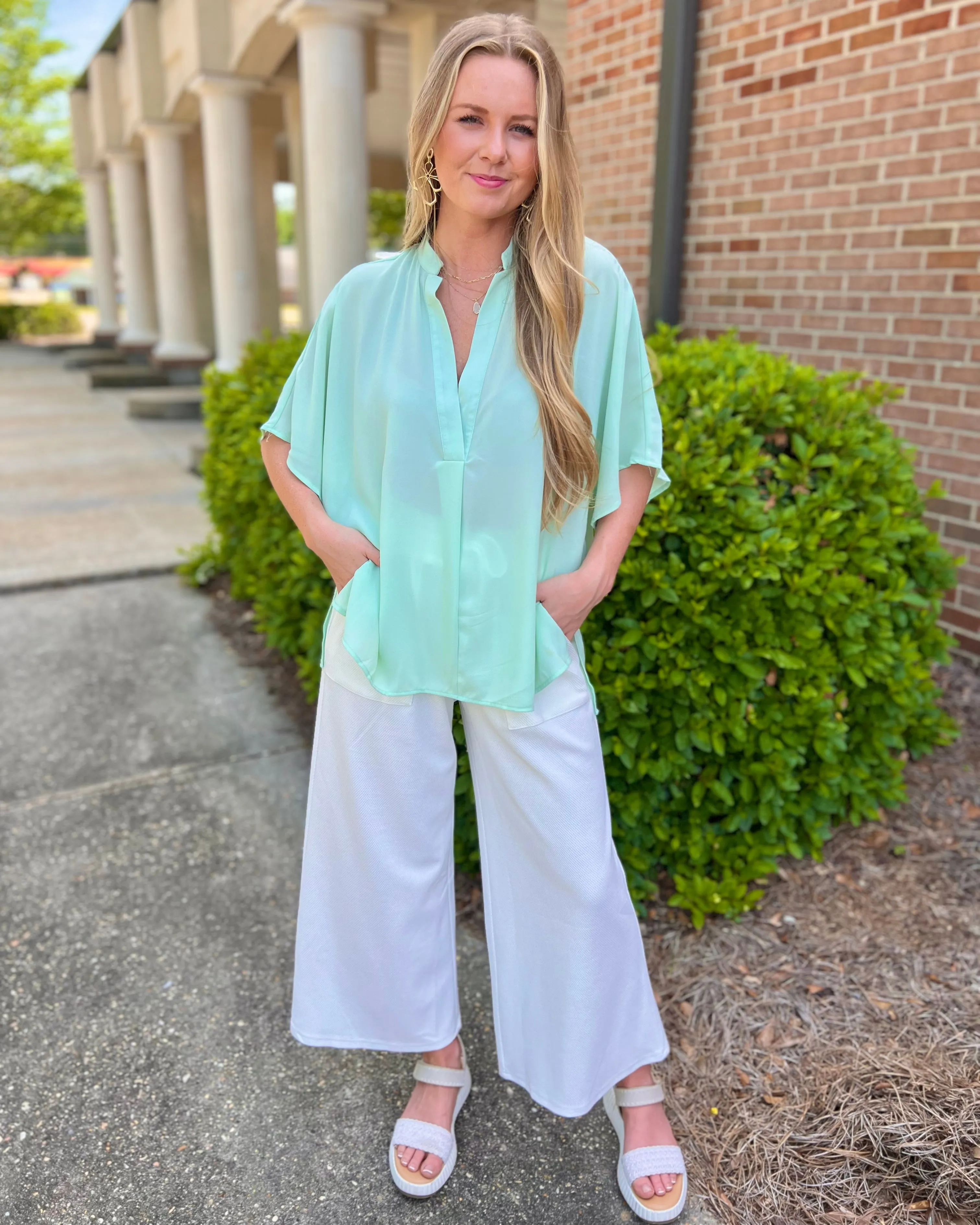 Got Me Good Mint V Neck High Low Hem Short Sleeve Blouse