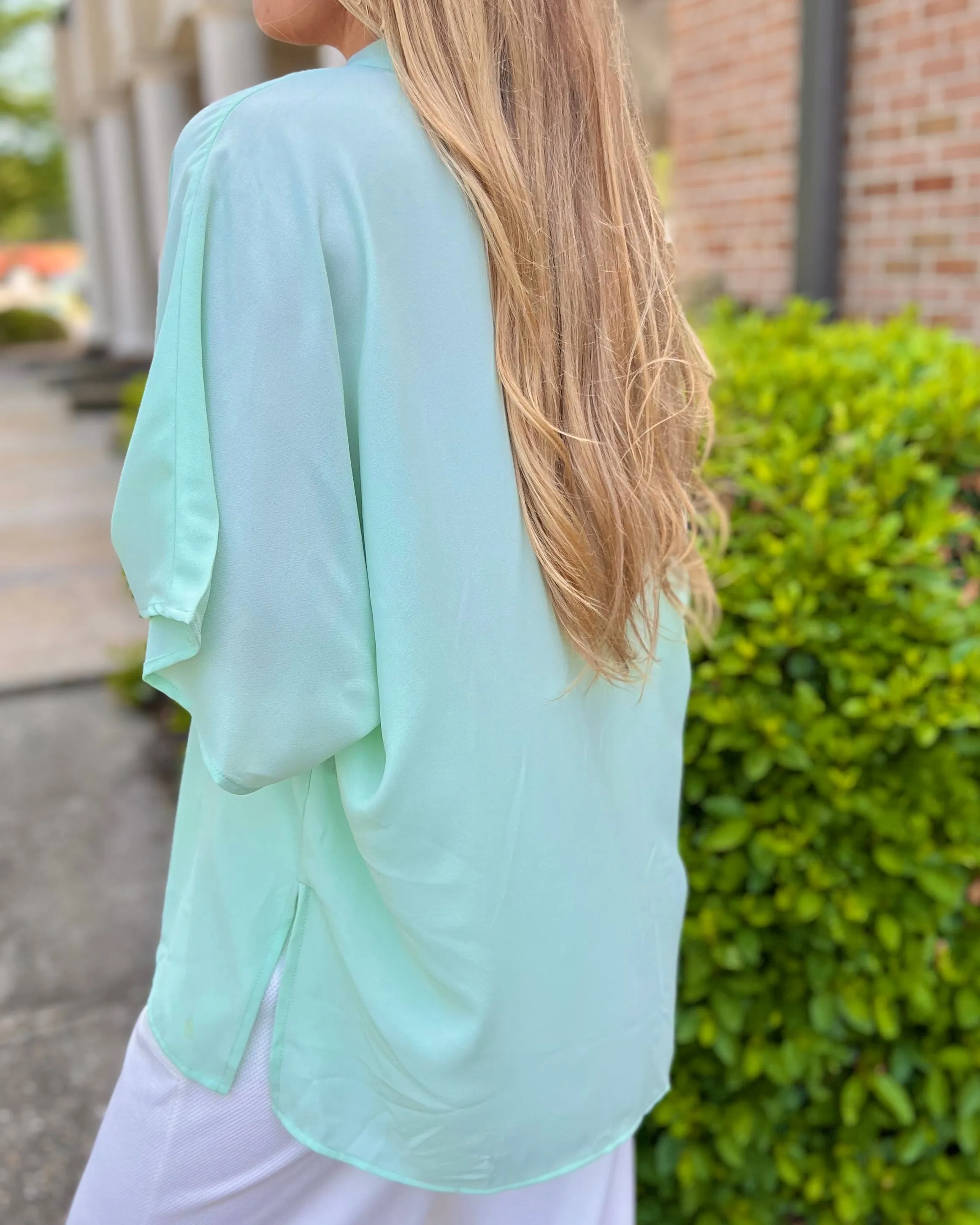 Got Me Good Mint V Neck High Low Hem Short Sleeve Blouse
