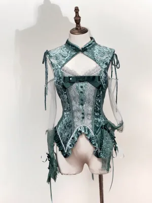 Green Cheongsam Collar Snake Bones Embroidery Velvet Sleeveless Top