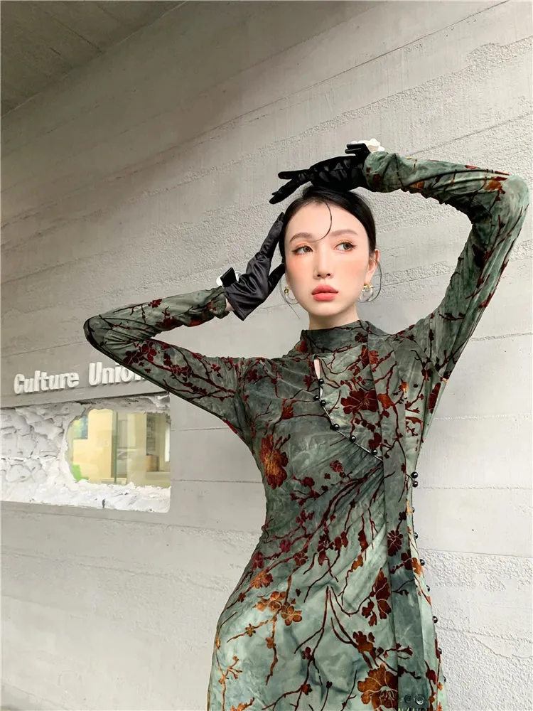 Grung Grünes Floral Bodycon Cheongsam-Kleid