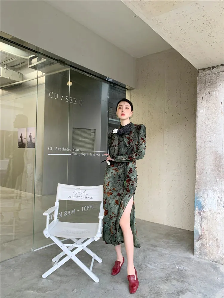 Grung Grünes Floral Bodycon Cheongsam-Kleid