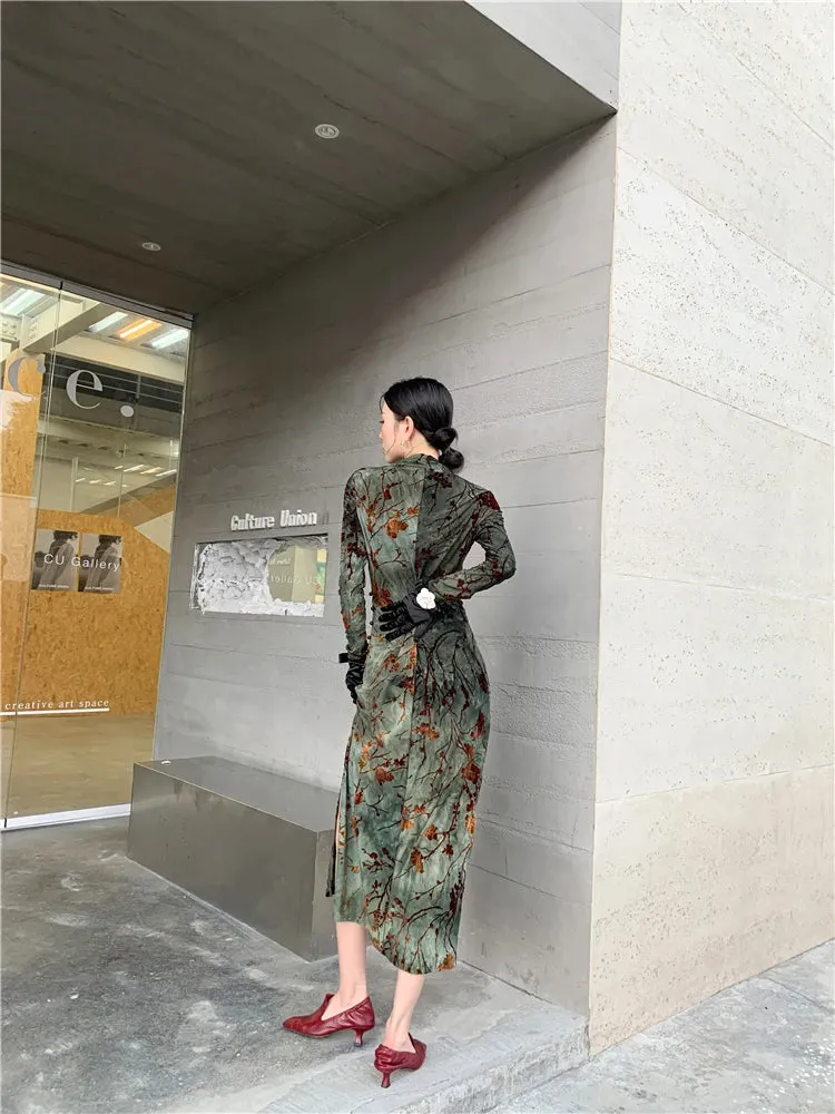 Grung Grünes Floral Bodycon Cheongsam-Kleid