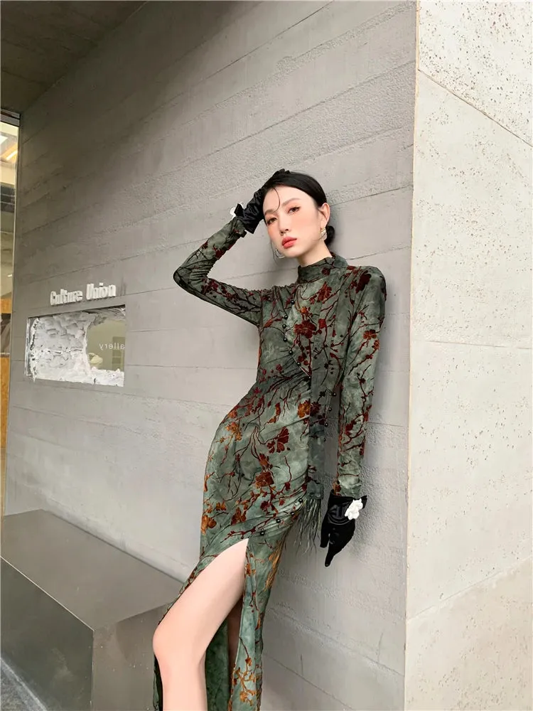 Grung Grünes Floral Bodycon Cheongsam-Kleid