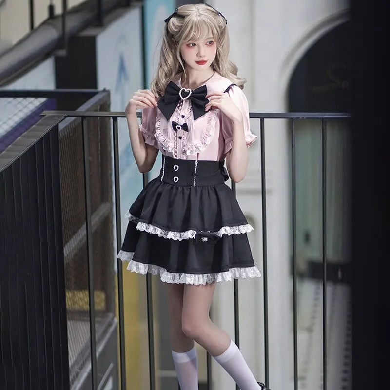Jirai Kei Love Forbidden Songs Frilly Blouse And Lace Trim Skirt