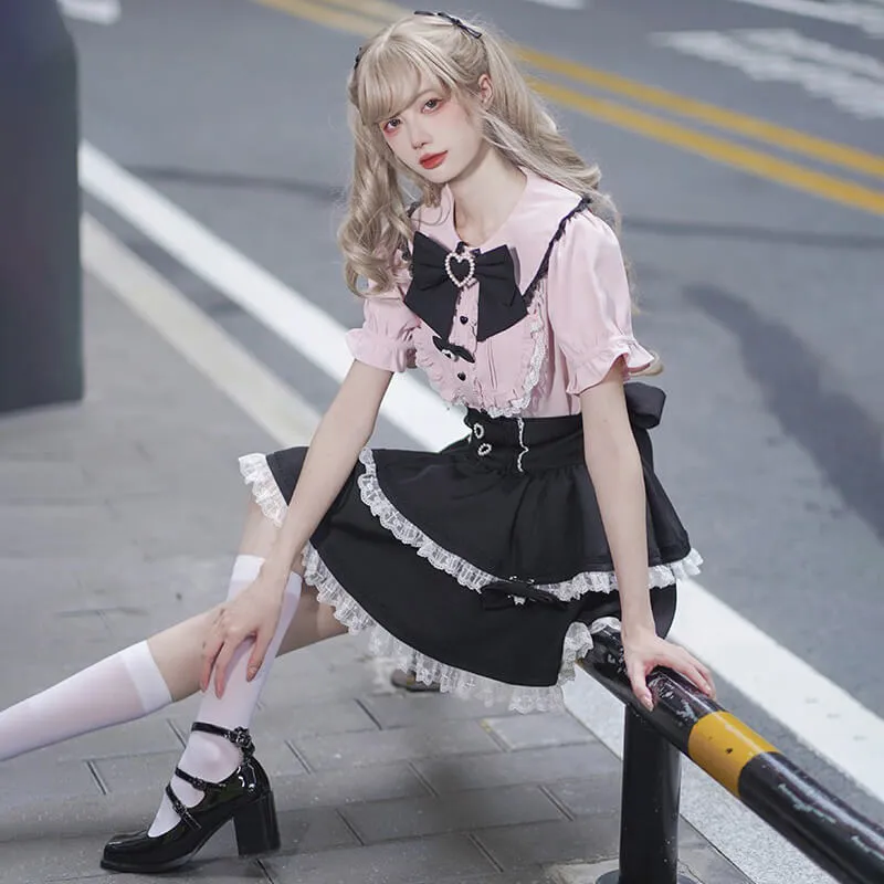 Jirai Kei Love Forbidden Songs Frilly Blouse And Lace Trim Skirt