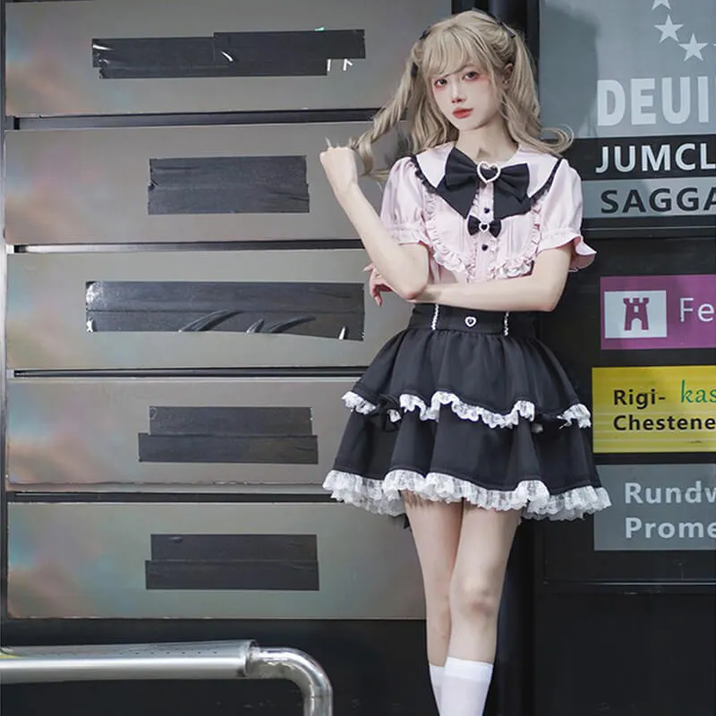 Jirai Kei Love Forbidden Songs Frilly Blouse And Lace Trim Skirt
