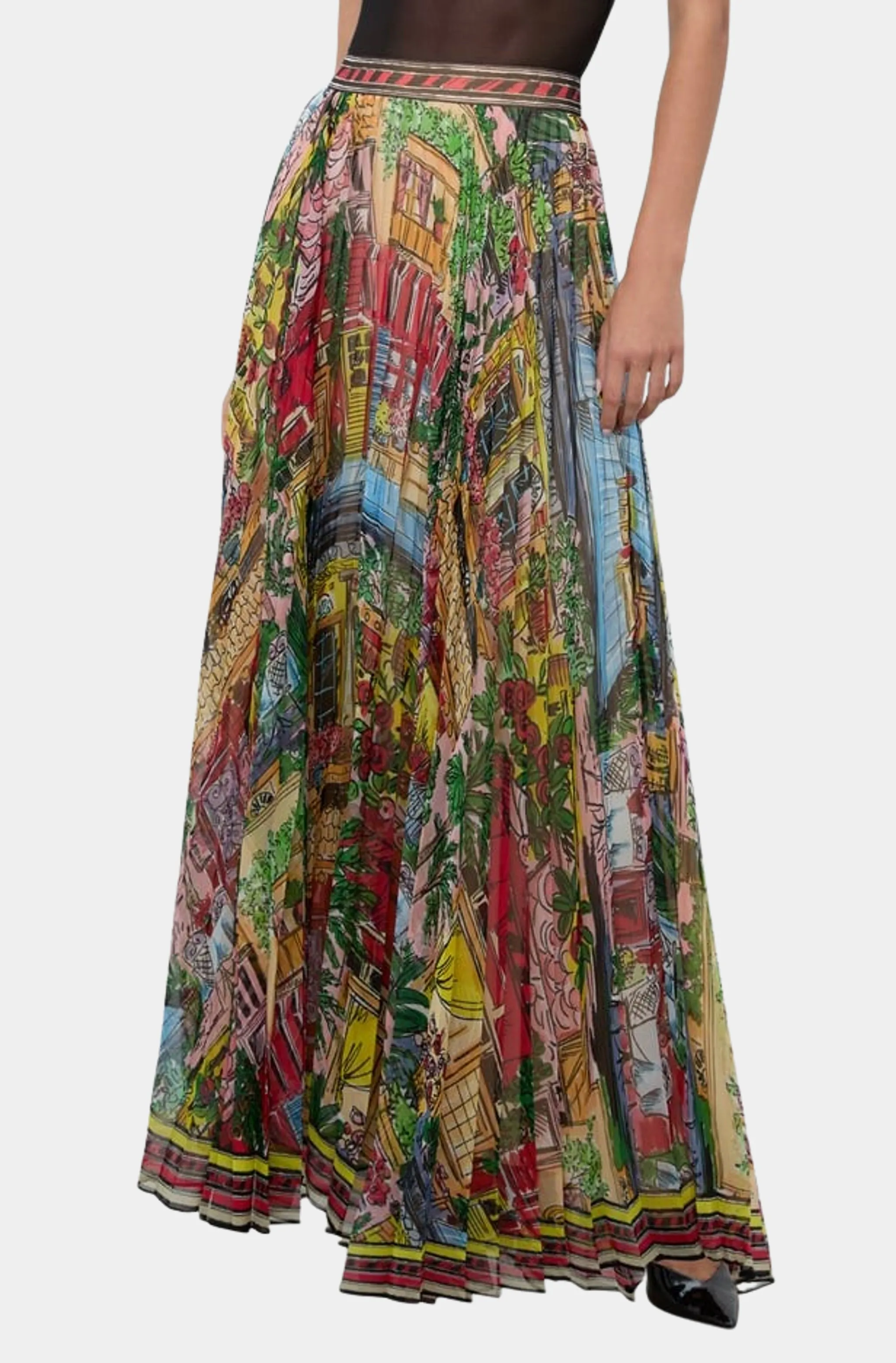Katz Wide Waistband Sunburst Pleated Maxi Skirt
