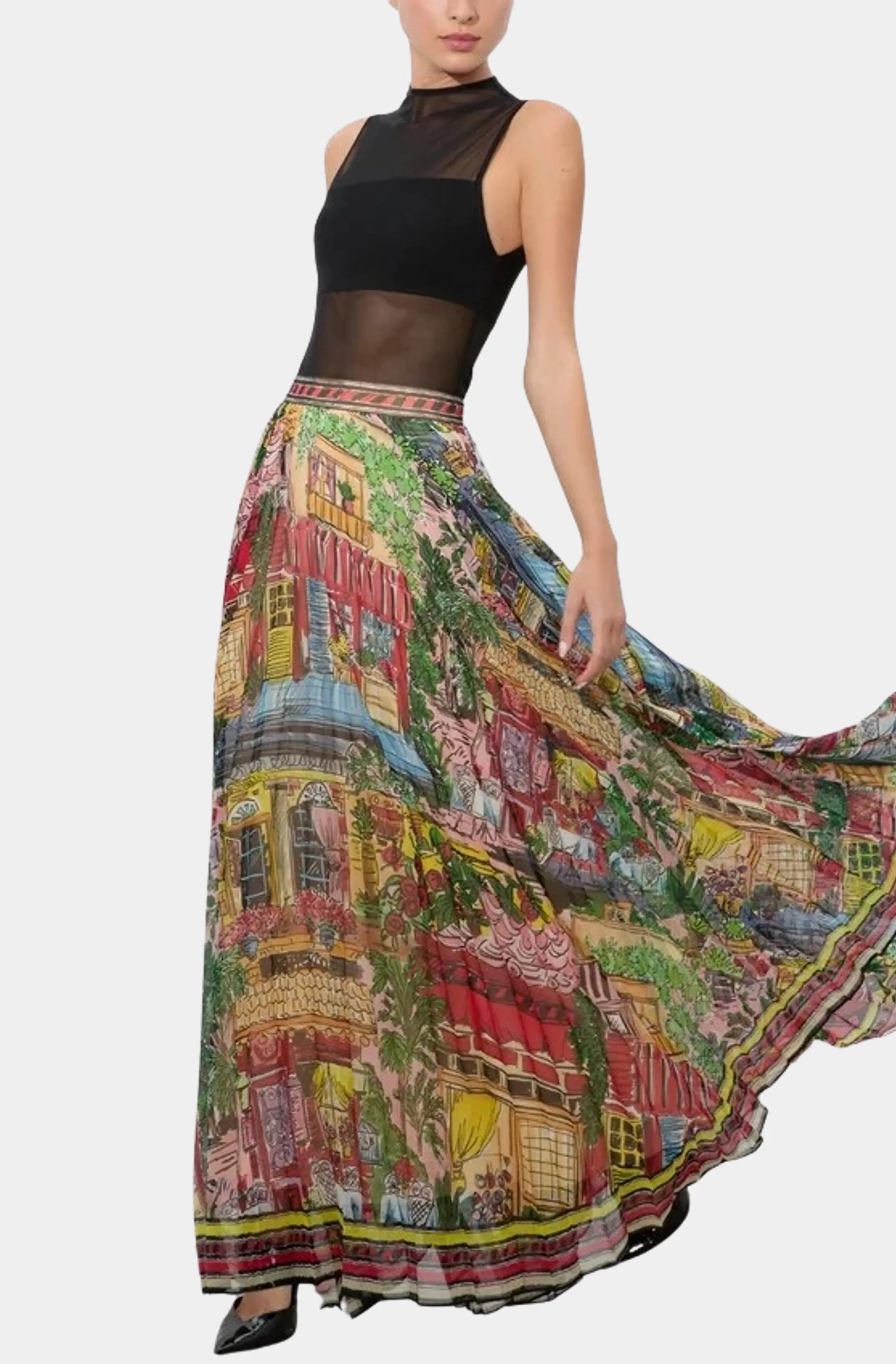 Katz Wide Waistband Sunburst Pleated Maxi Skirt