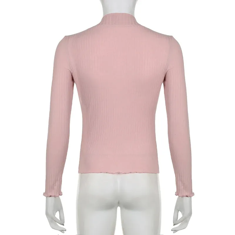 Korean Pink Sweet Knit Women's Tee Shirt Slim Coquette Clothes Lace Patched Bow Top Casual Autumn T shirts Frill