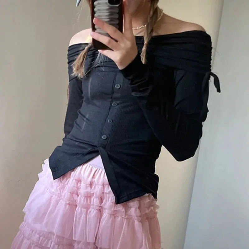 Korean Sweet Skinny Autumn Tee T-shirt Women Drawstring Tierred Off Shoulder Top Short Slim Buttons Coquette Clothes