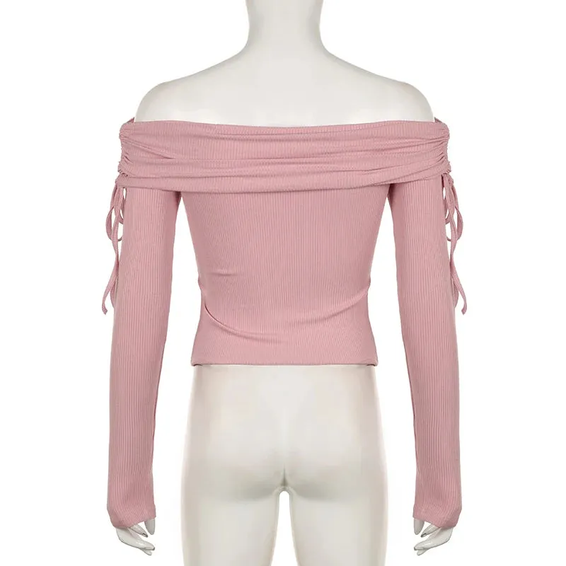 Korean Sweet Skinny Autumn Tee T-shirt Women Drawstring Tierred Off Shoulder Top Short Slim Buttons Coquette Clothes