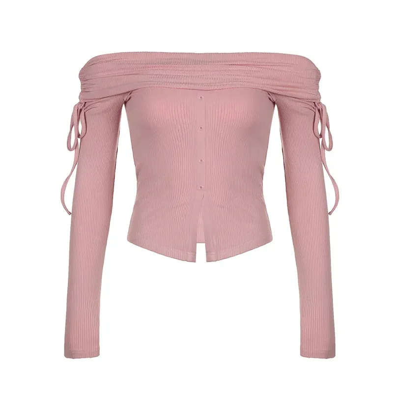 Korean Sweet Skinny Autumn Tee T-shirt Women Drawstring Tierred Off Shoulder Top Short Slim Buttons Coquette Clothes
