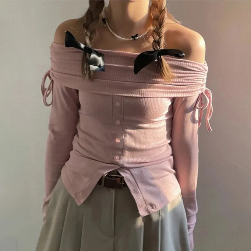 Korean Sweet Skinny Autumn Tee T-shirt Women Drawstring Tierred Off Shoulder Top Short Slim Buttons Coquette Clothes