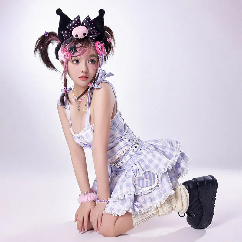 Kuromi Plaid Strappy Crop Top and Mini Cake Skirt