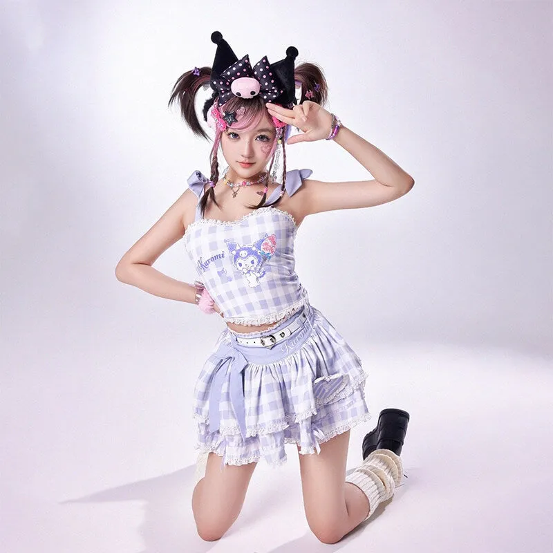 Kuromi Plaid Strappy Crop Top and Mini Cake Skirt