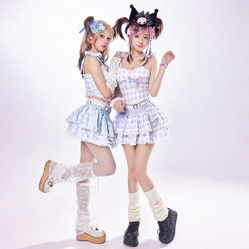 Kuromi Plaid Strappy Crop Top and Mini Cake Skirt