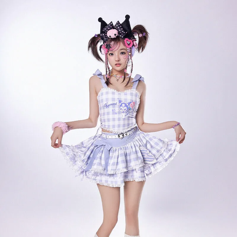 Kuromi Plaid Strappy Crop Top and Mini Cake Skirt
