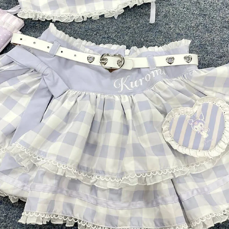 Kuromi Plaid Strappy Crop Top and Mini Cake Skirt