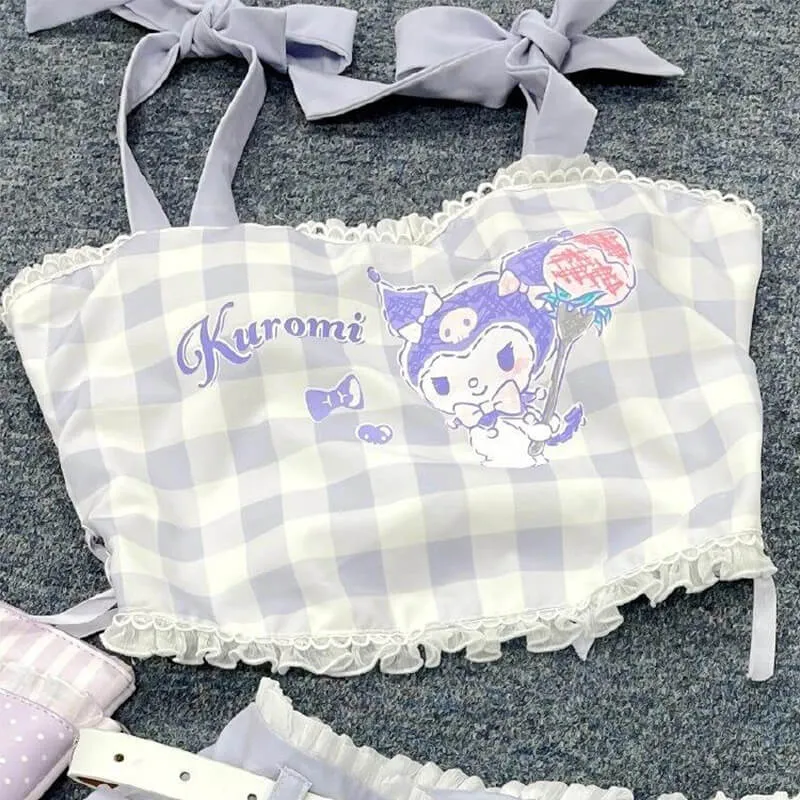 Kuromi Plaid Strappy Crop Top and Mini Cake Skirt