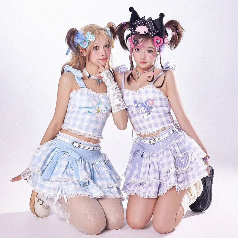 Kuromi Plaid Strappy Crop Top and Mini Cake Skirt