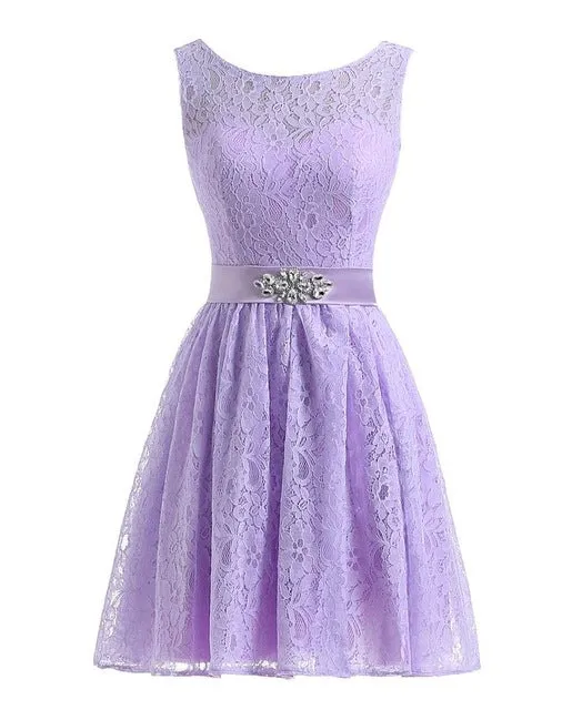 Lavender Short Lace Homecoming Dresses Crystal Beading Sash Wedding Party Dresses Cheap Burgundy Bridesmaid Dresses