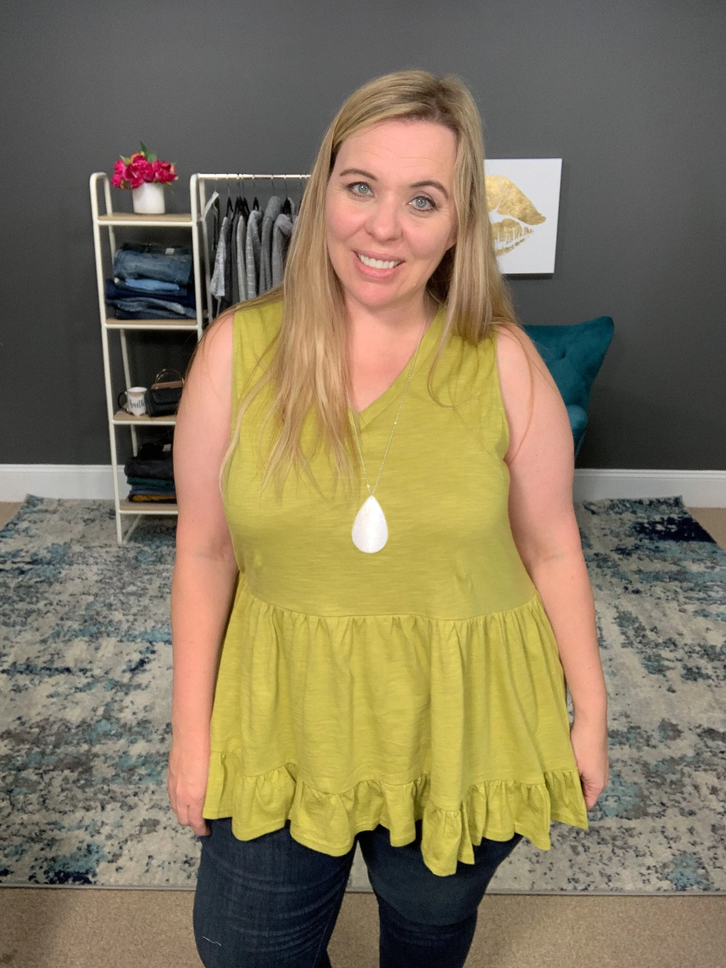 Lovely Lime Sleeveless V-Neck Tiered Ruffle Top