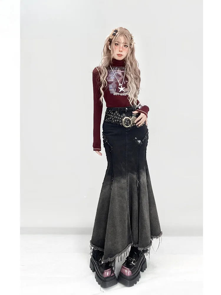 Millard Fashion Gradient Black Distress Trim Denim Mermaid Skirt