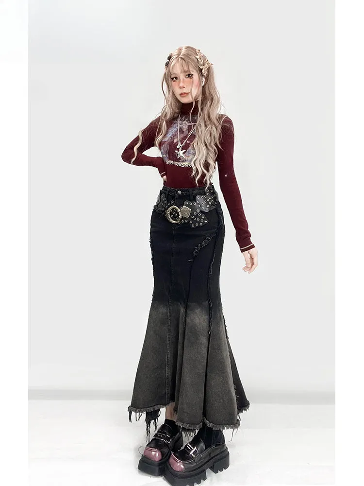 Millard Fashion Gradient Black Distress Trim Denim Mermaid Skirt