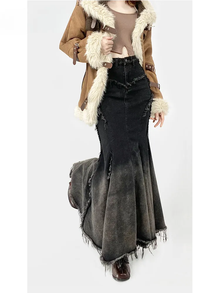 Millard Fashion Gradient Black Distress Trim Denim Mermaid Skirt